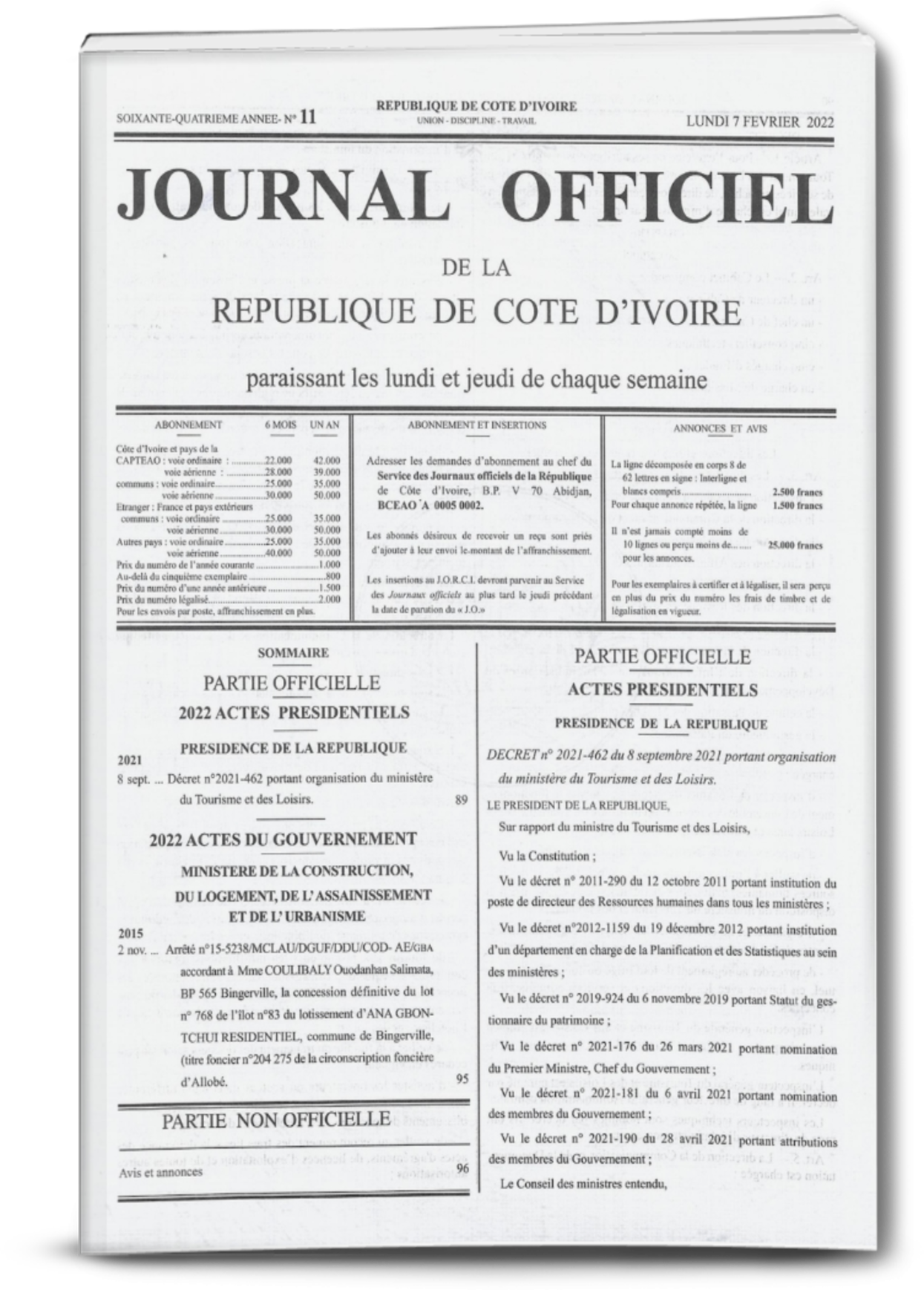 Journal Officiel N°11 du Lundi 07 Février 2022 (PDF) PROFESSION JURISTE