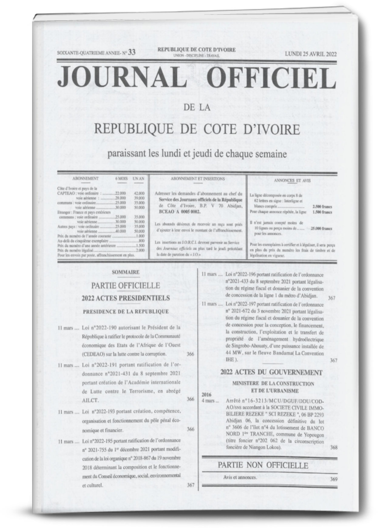 Journal Officiel N°33 du Lundi 25 Avril 2022 (PDF) PROFESSION JURISTE
