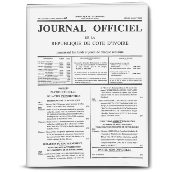 Journal Officiel N°63 du Lundi 08 Aout 2022