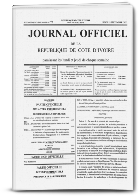 Journal Officiel N°75 du Lundi 19 Septembre 2022 (République de Côte d'Ivoire) – JORCI