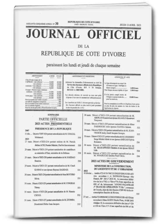 Journal Officiel N°30 du Jeudi 13 avril 2023