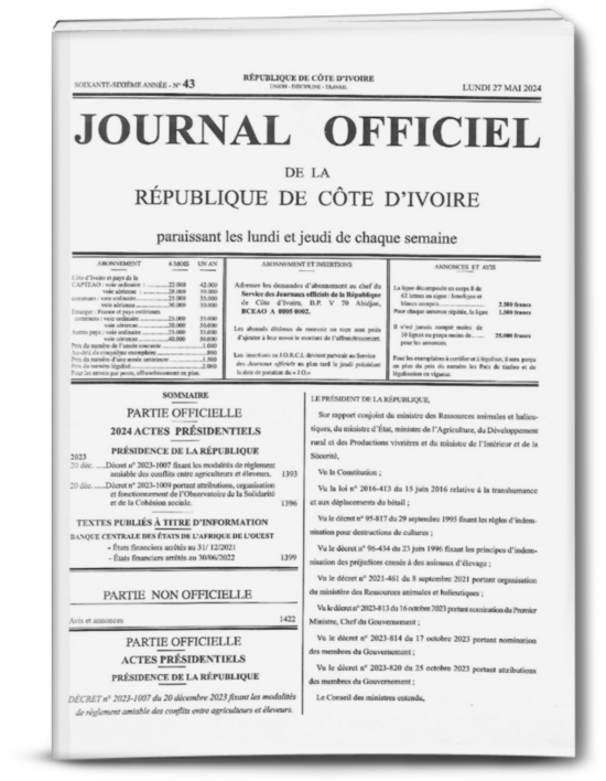 Journal Officiel N°43 du lundi 27 mai 2024