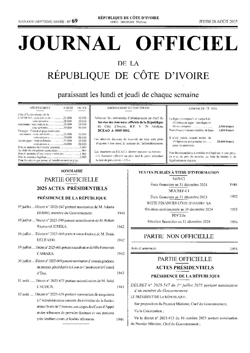 JO N°69 du Jeudi 28 Aout 2025 JO N°69 du Jeudi 28 Aout 2025