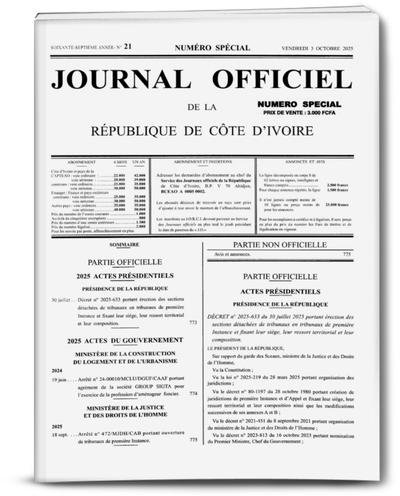 Journal Officiel N°21 Spécial du Vendredi 03 Octobre 2025