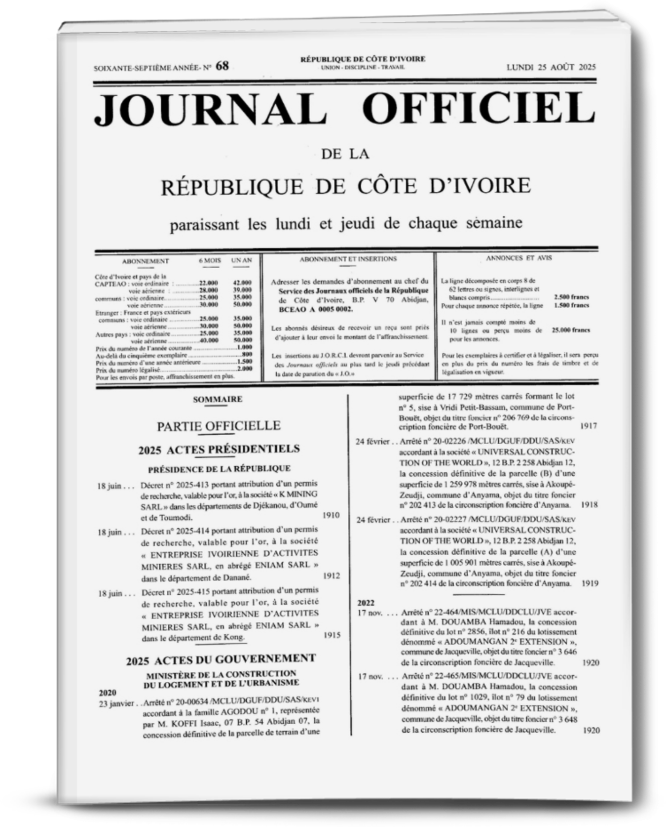 Journal Officiel N°68 du lundi 25 Aout 2025