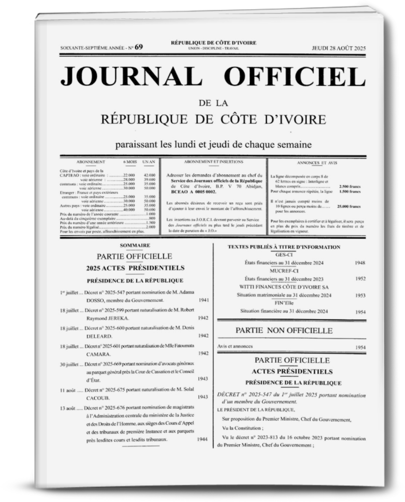 Journal Officiel N°69 du jeudi 28 Aout 2025