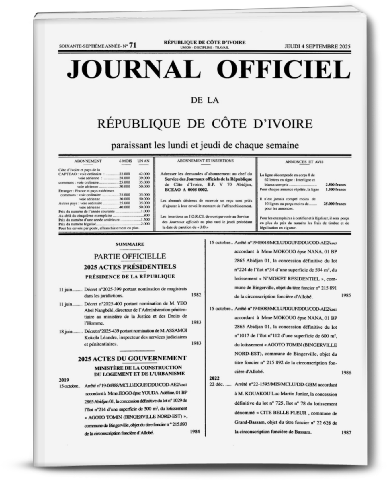 Journal Officiel N°71 du Jeudi 04 Septembre 2025