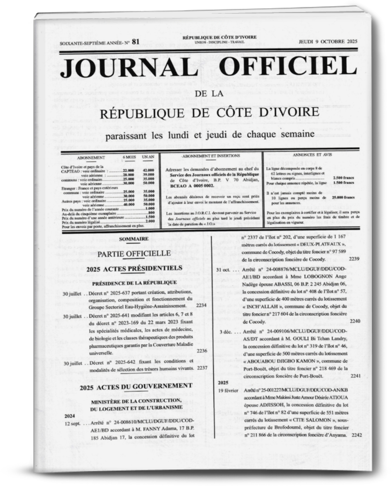 Journal Officiel N°81 du Jeudi 09 Octobre 2025