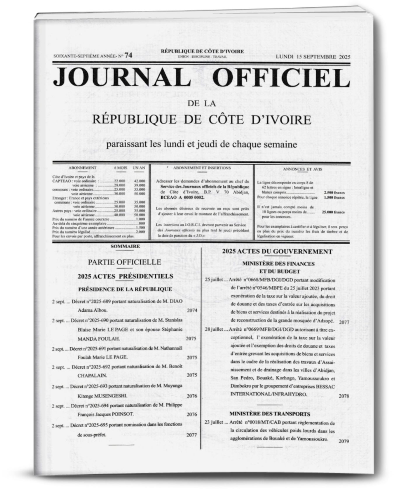 Journal Officiel N°82 du Lundi 13 Octobre 2025