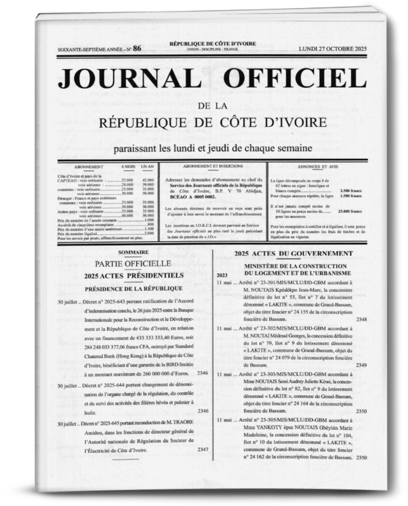 Journal Officiel N°86 du Lundi 27 Octobre 2025