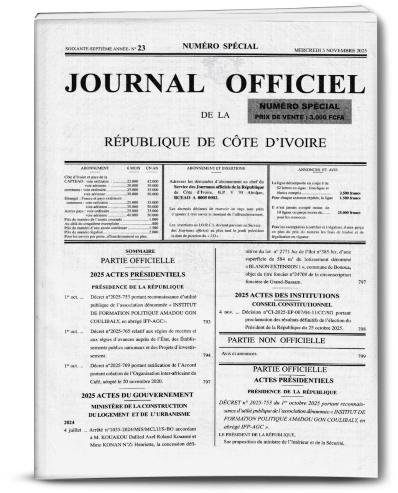 Journal Officiel N°23 Spécial du Mercredi 05 Novembre 2025