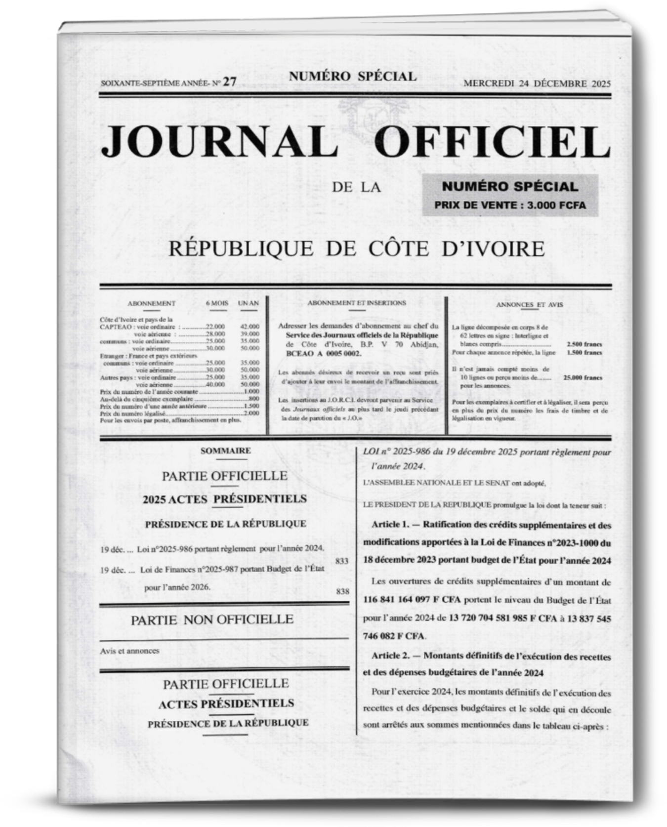 Journal Officiel N°27 Spécial du Mercredi 24 Décembre 2025