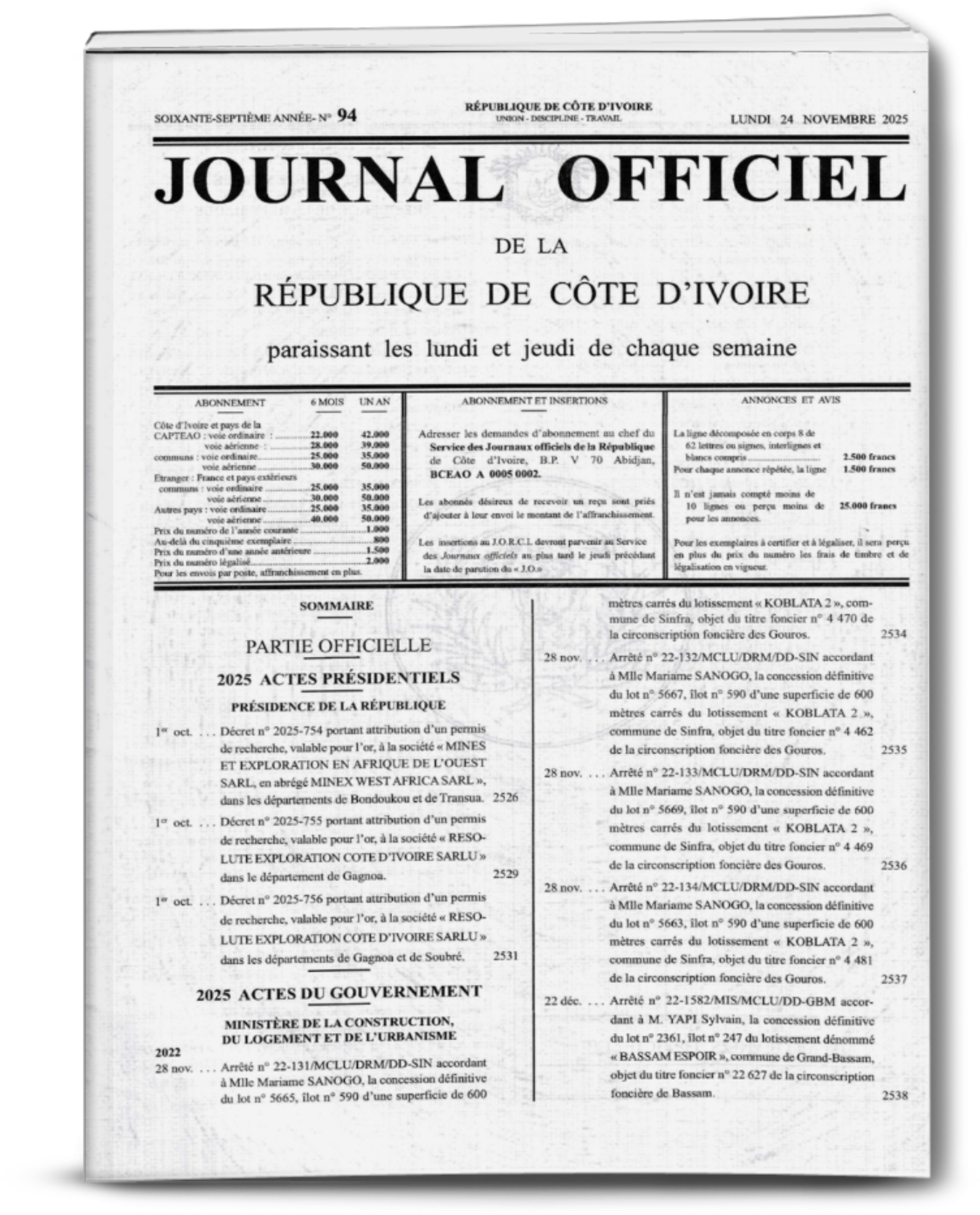 Journal Officiel N°94 du Lundi 24 Novembre 2025