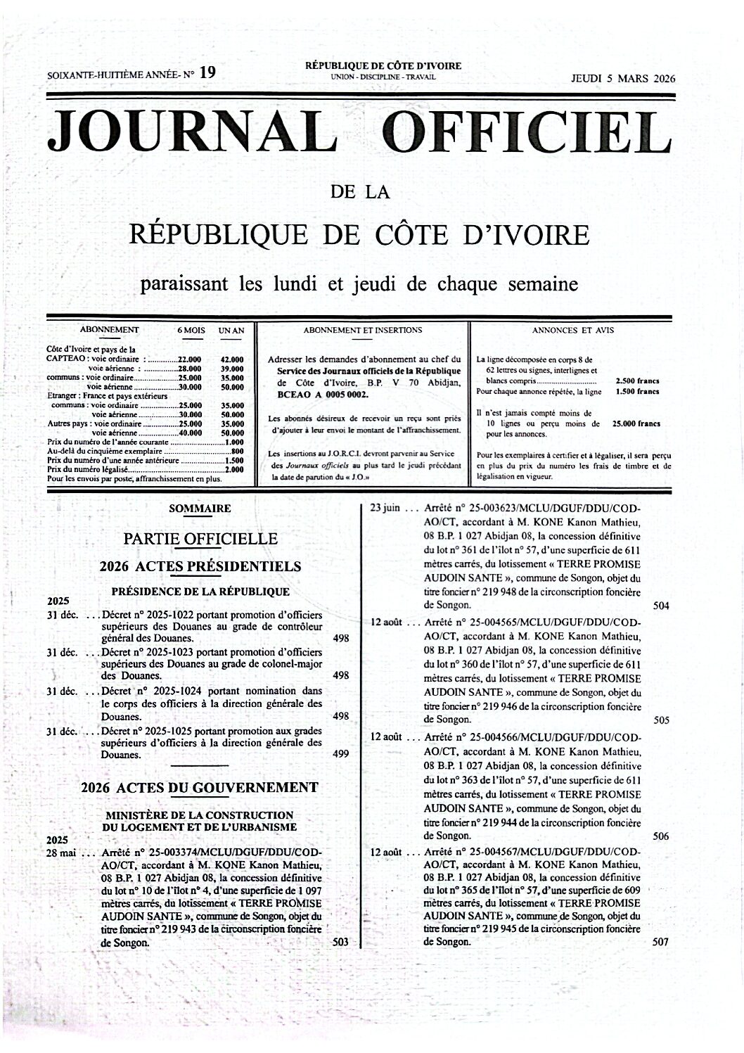 Journal Officiel N° 19 du Jeudi 5 Mars 2026 (PDF)