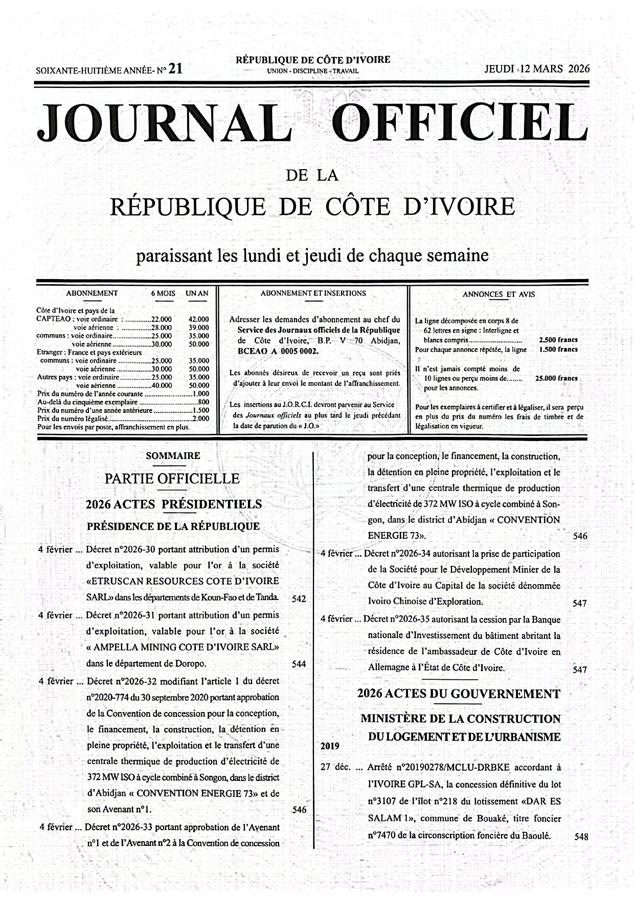 Journal Officiel N° 21 du Jeudi 12 Mars 2026 (PDF)