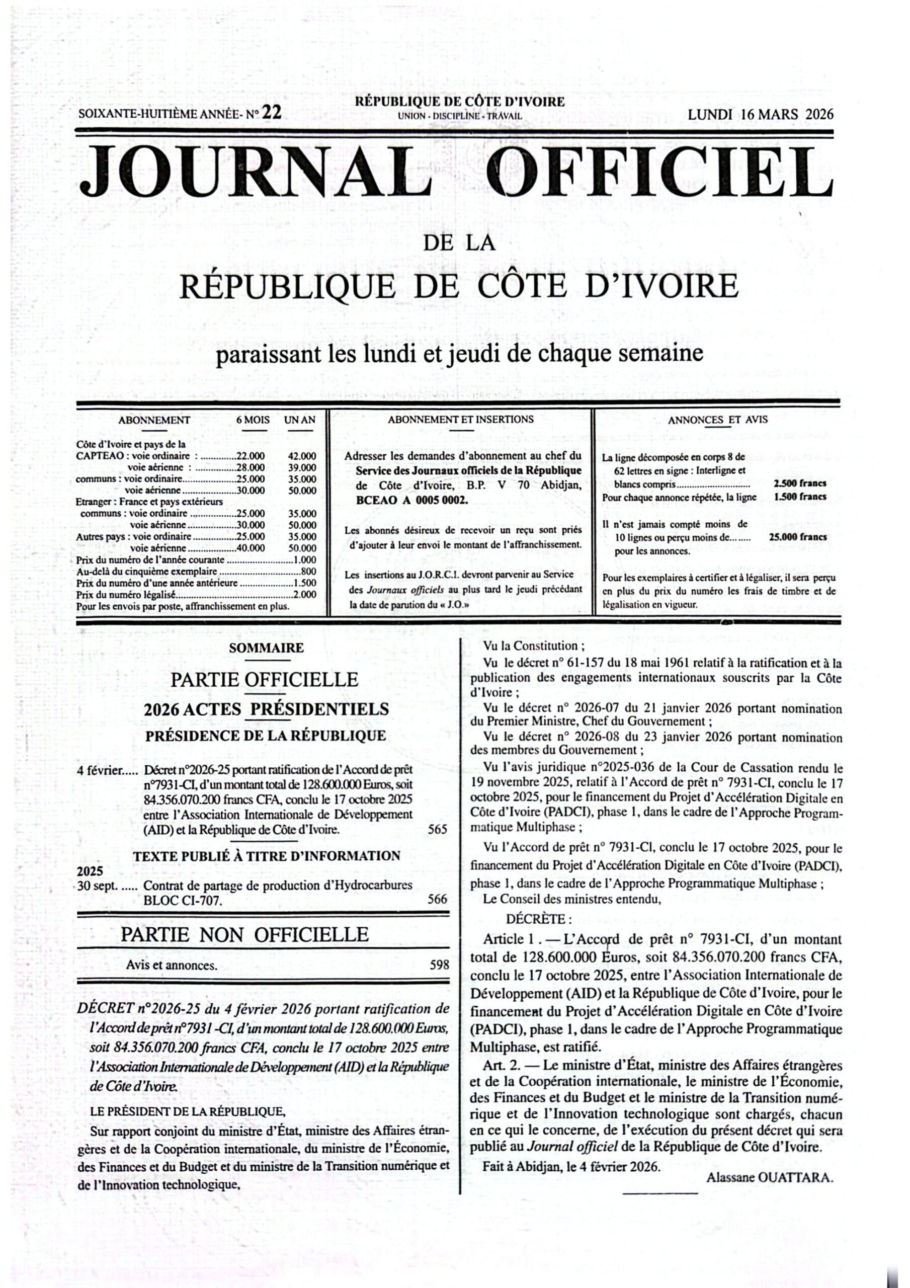 Journal Officiel N° 22 du Lundi 16 Mars 2026 (PDF)