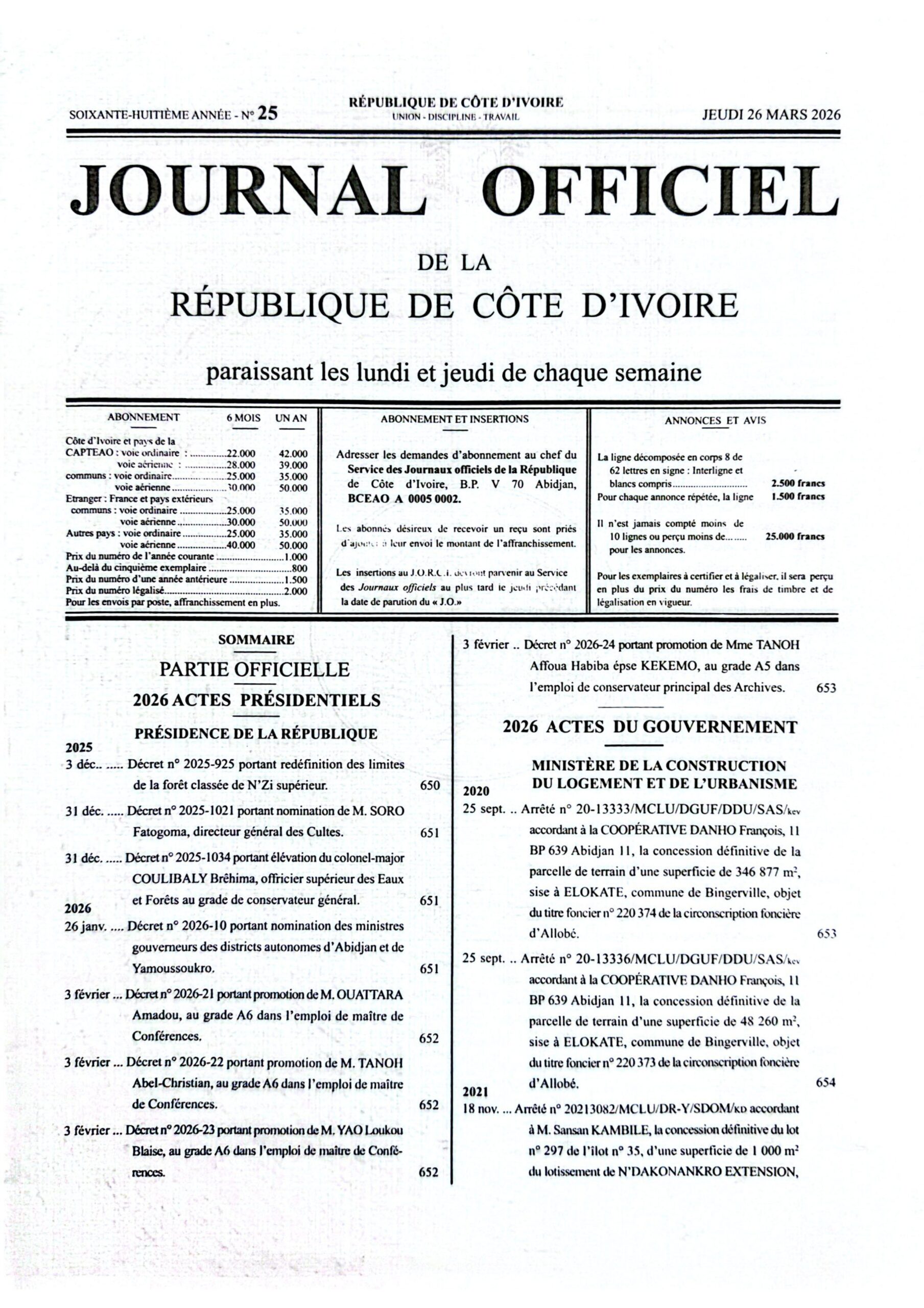 Journal Officiel N° 25 du Jeudi 26 Mars 2026 (PDF)