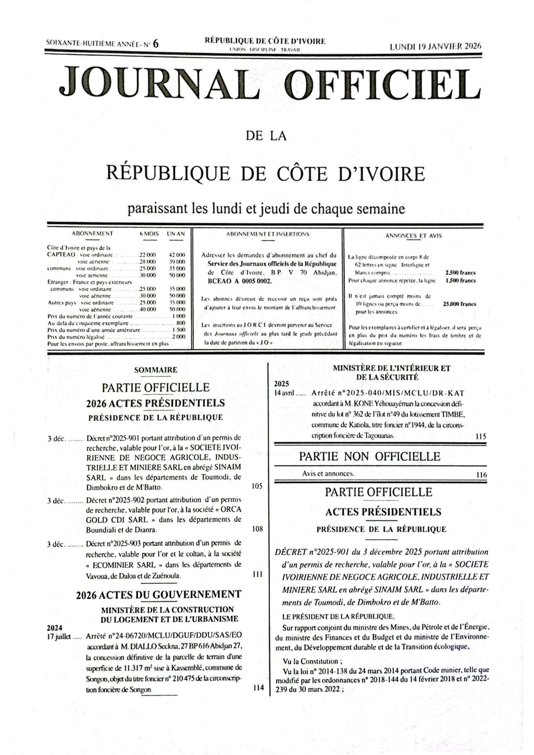 Journal Officiel N° 6 du Lundi 19 Janvier 2026 (PDF)