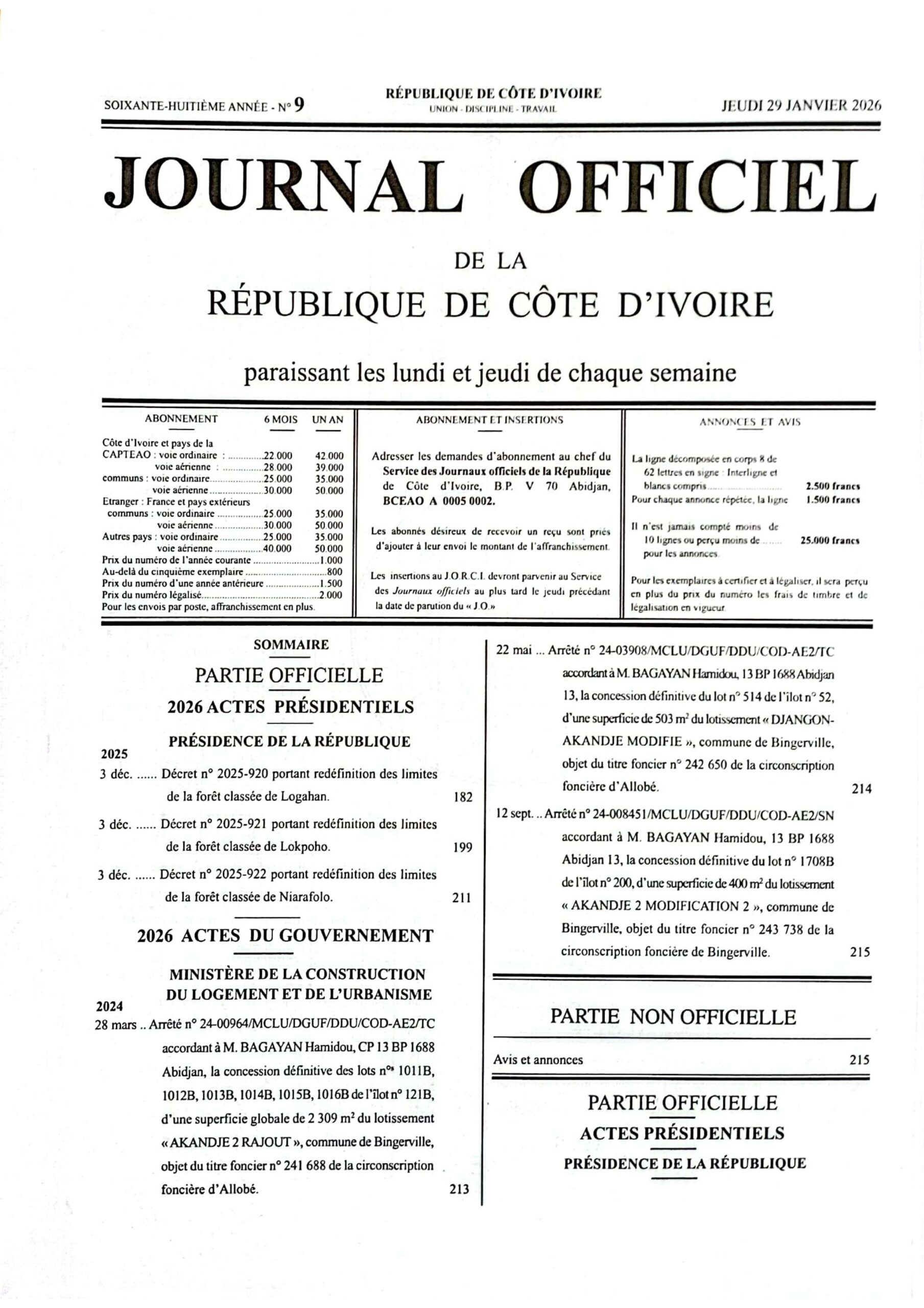 Journal Officiel N° 9 du Jeudi 29 Janvier 2026 (PDF)