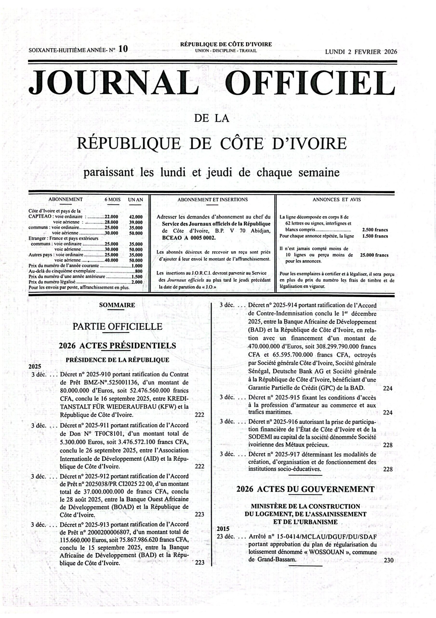 Journal Officiel N° 10 du Lundi 2 Février 2026 (PDF)