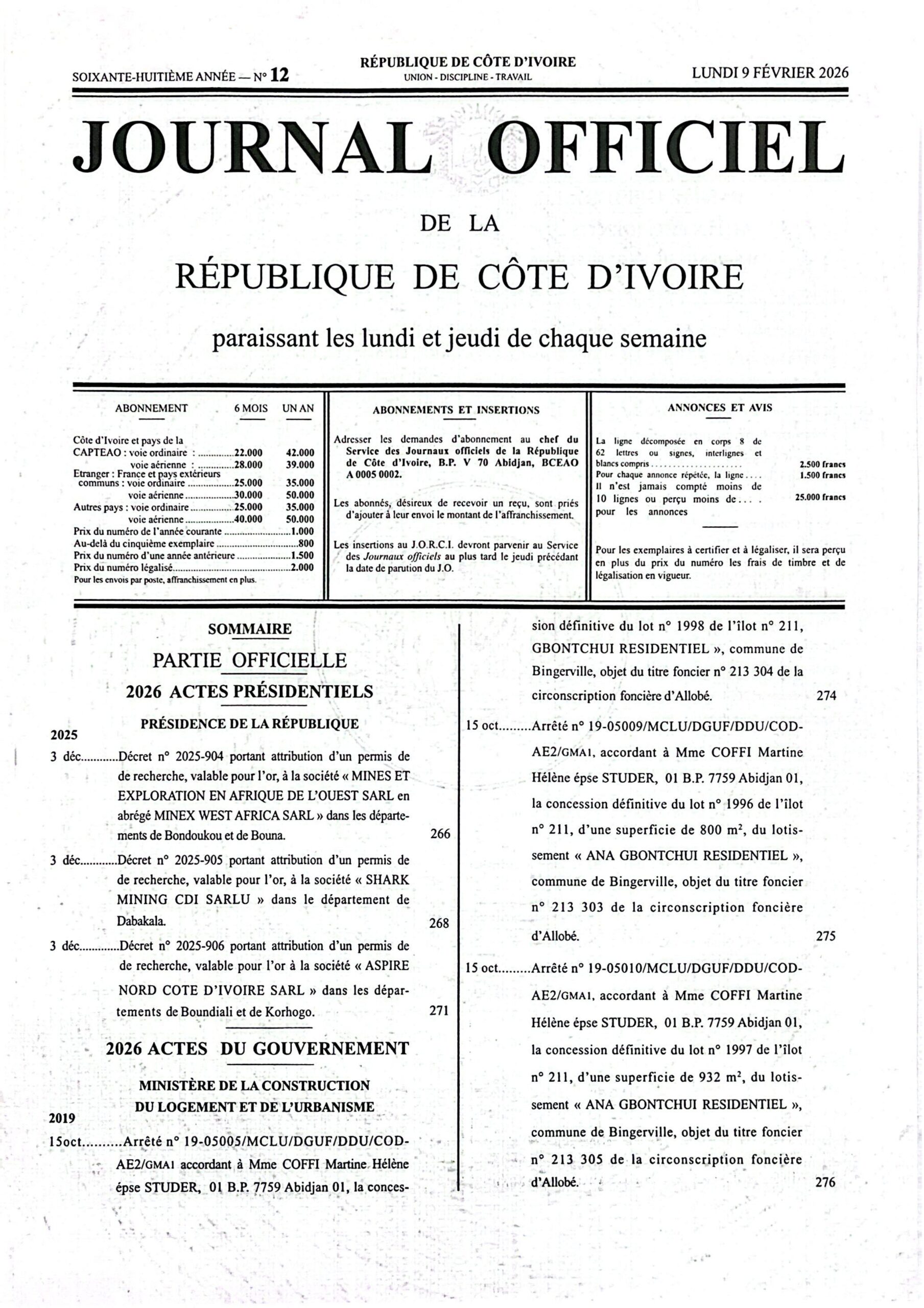 Journal Officiel N° 12 du Lundi 9 Février 2026 (PDF)