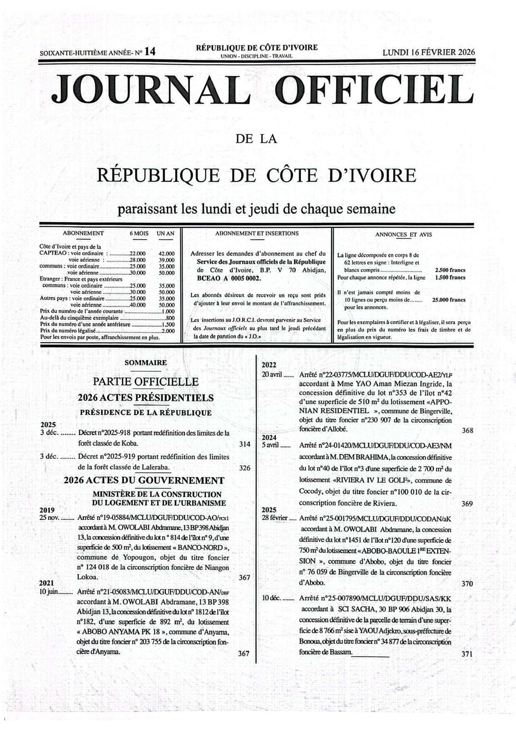 Journal Officiel N° 14 du Lundi 16 Février 2026 (PDF)