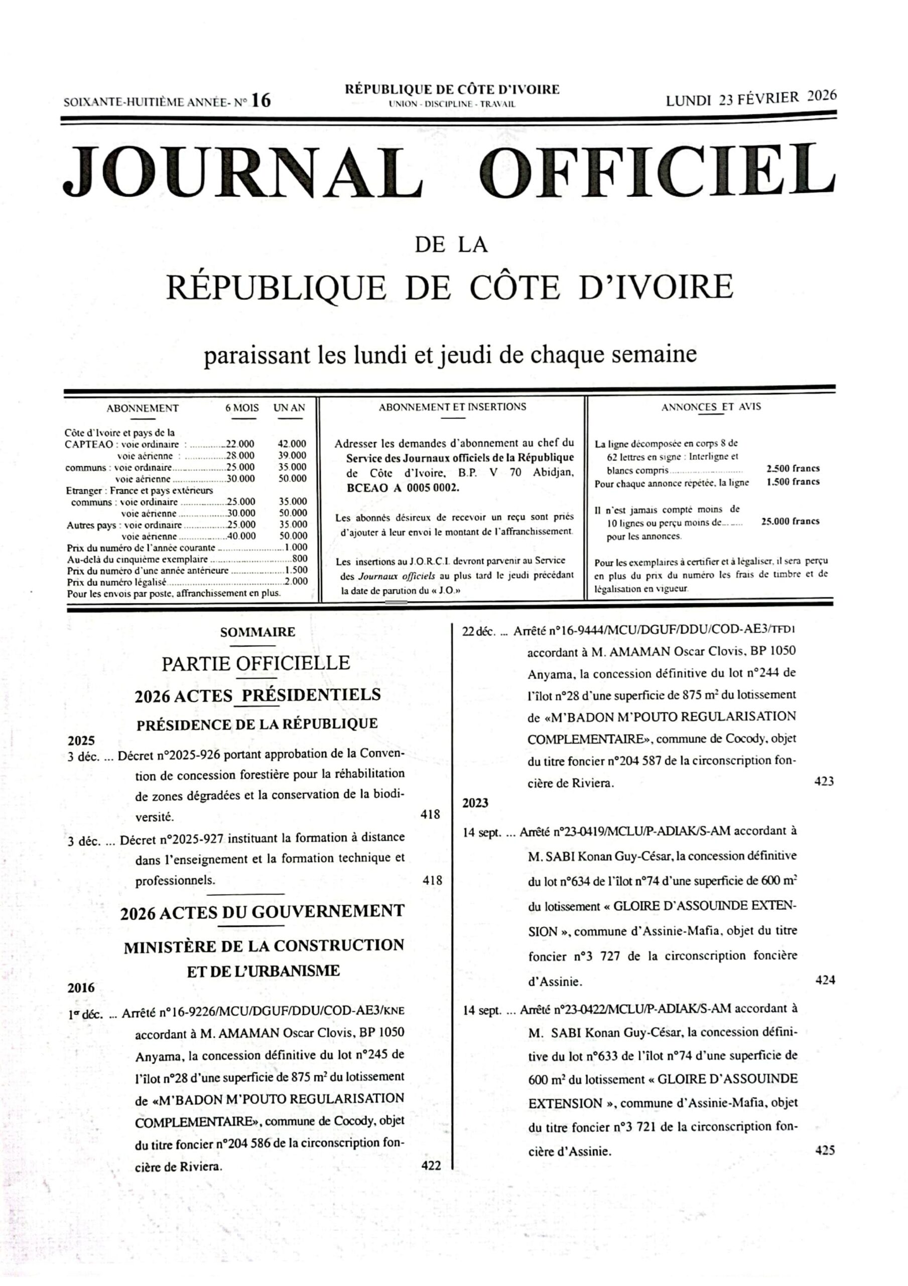 Journal Officiel N° 16 du Lundi 23 Février 2026 (PDF)