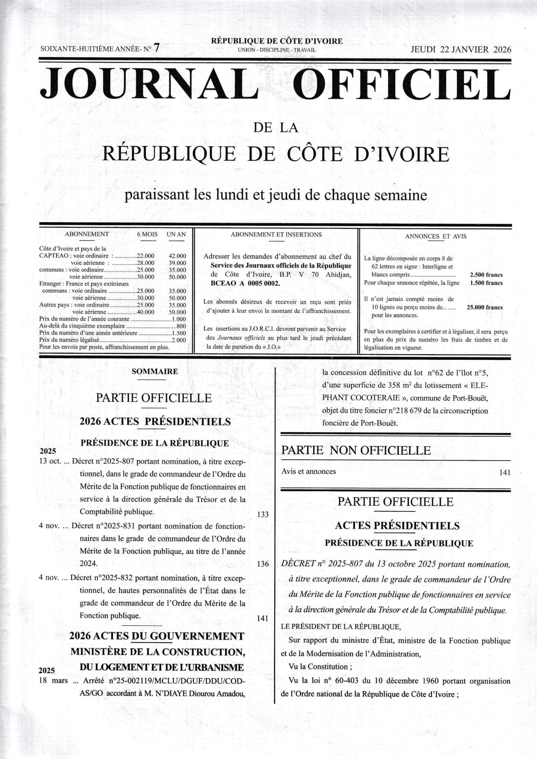 Journal Officiel N° 7 du Jeudi 22 Janvier 2026 (PDF)