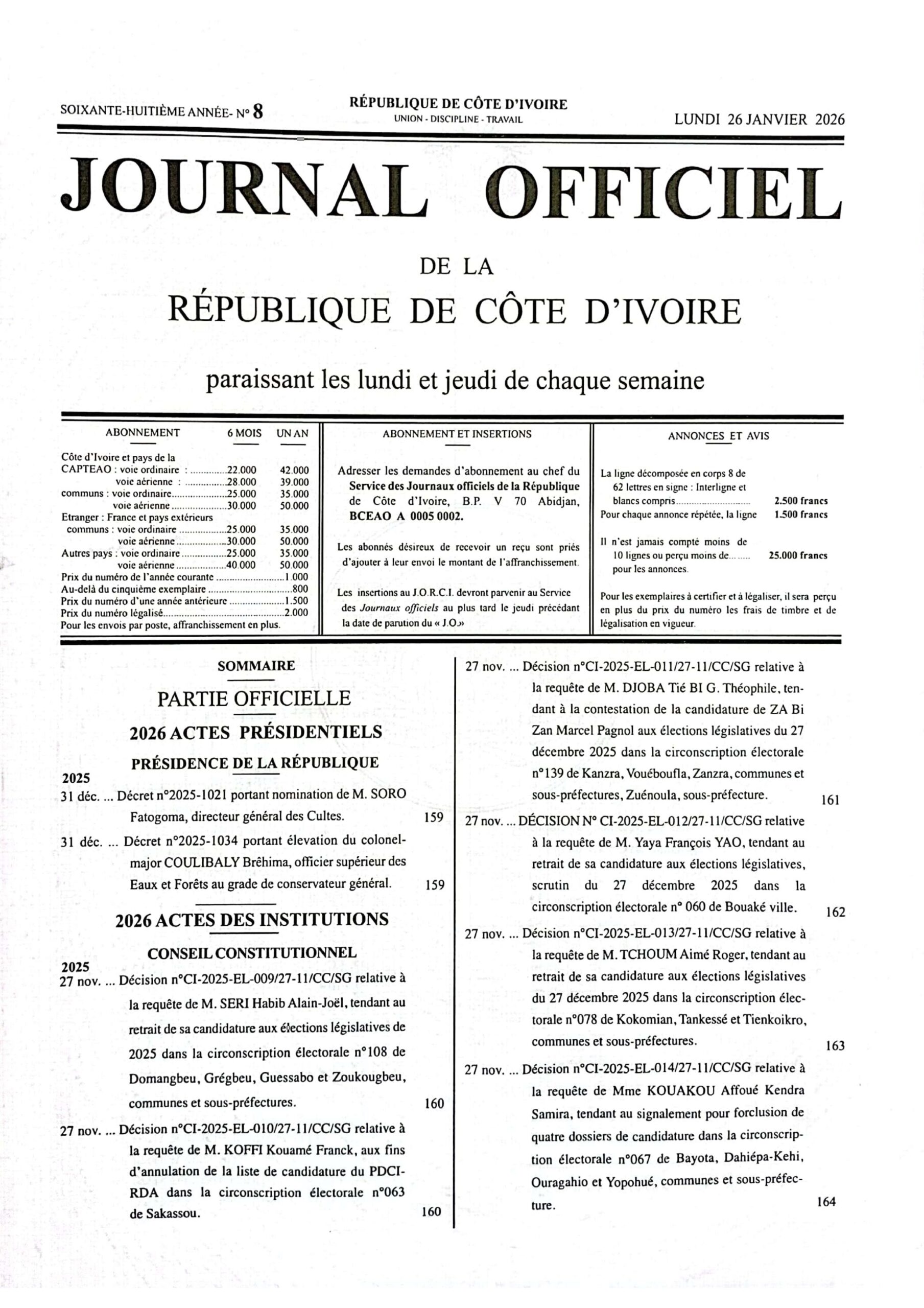 Journal Officiel N°8 du Lundi 26 Janvier 2026 (PDF)