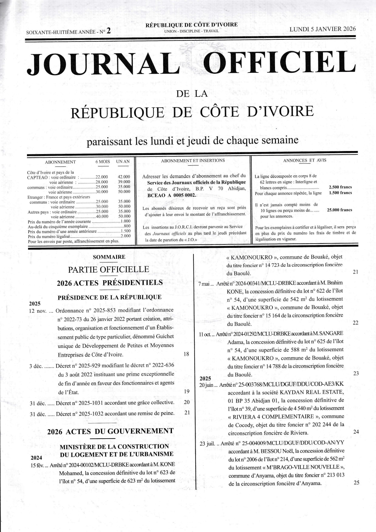 Journal Officiel N° 2 du Lundi 5 Janvier 2026 (PDF)