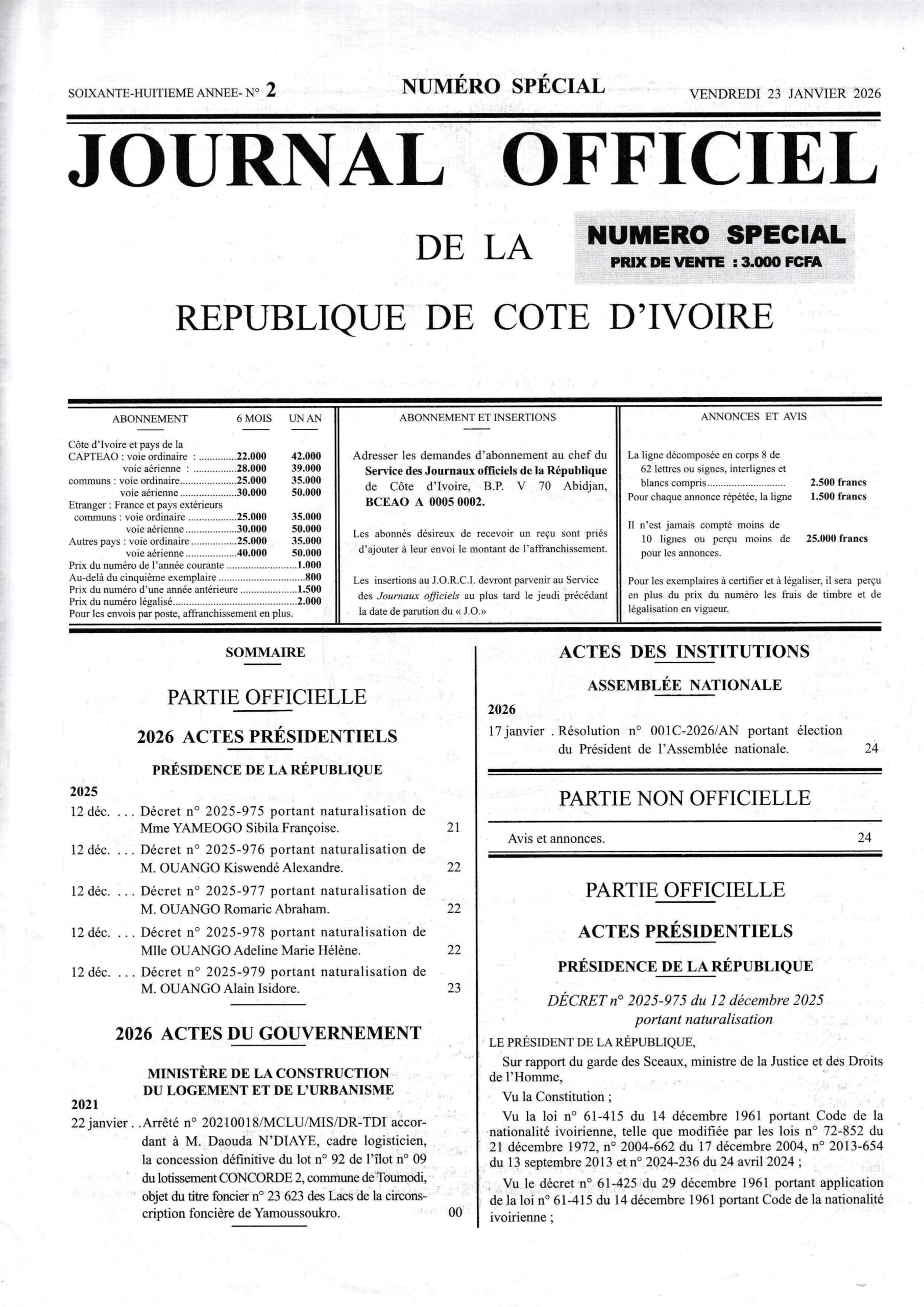 Journal Officiel Spécial N° 2 du Vendredi 23 Janvier 2026 (PDF)