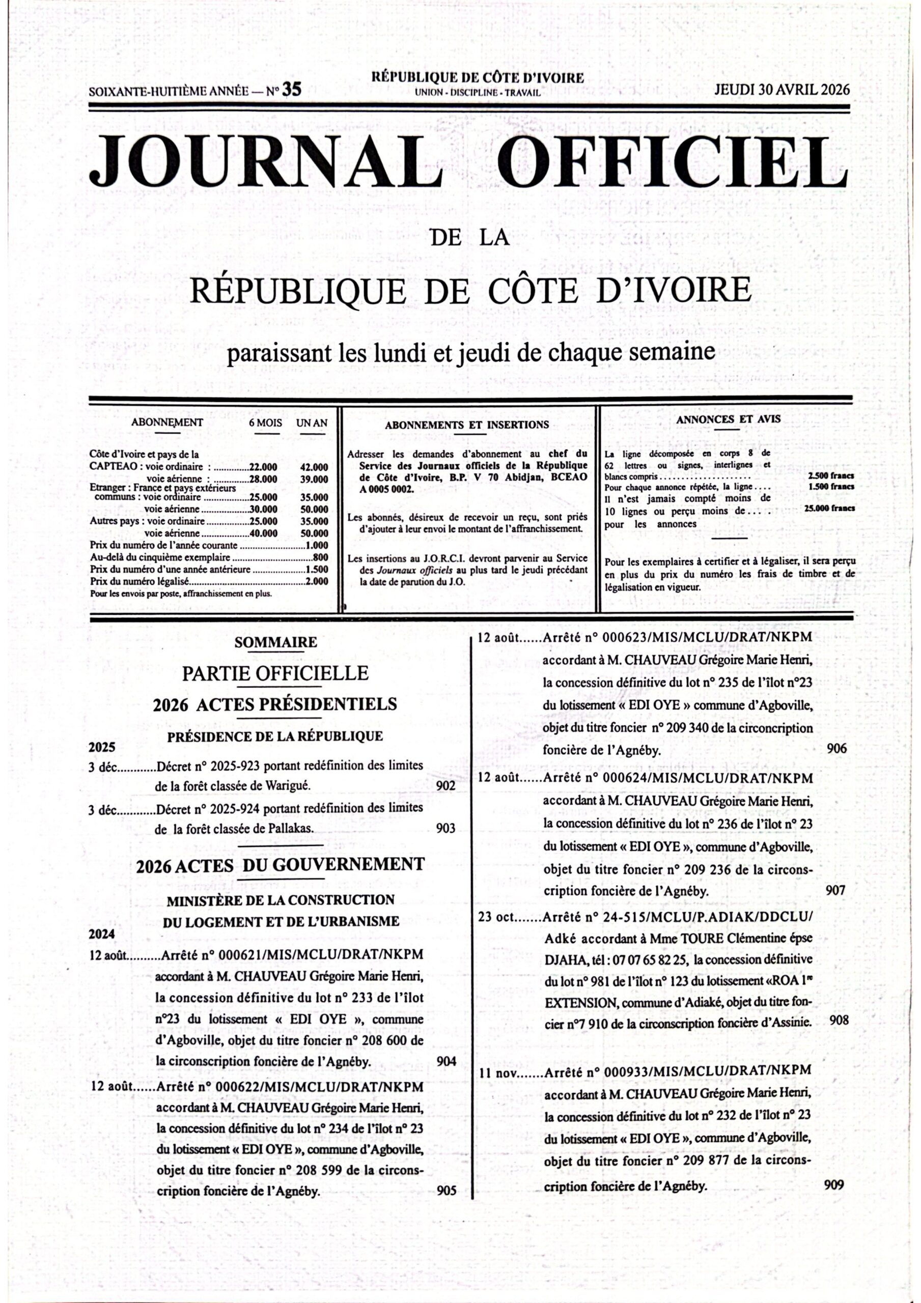 Journal Officiel N° 35 du Jeudi 30 Avril 2026 (PDF)